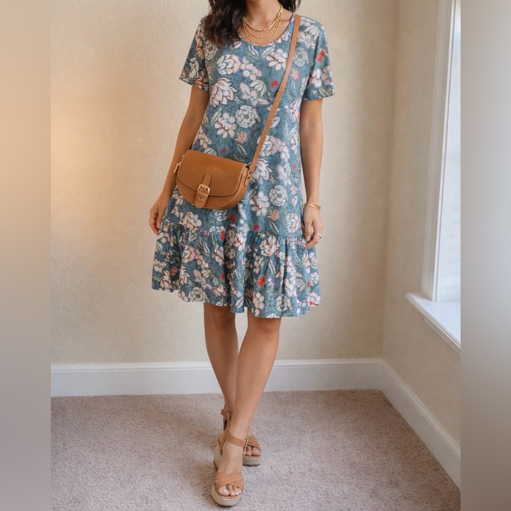 LOFT Floral Dress in Light Blue and White